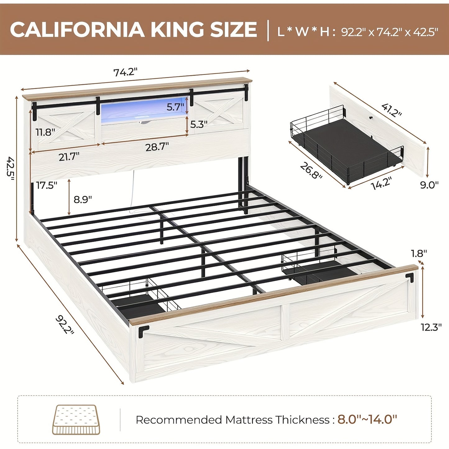 Farmhouse Metal Bed Frame with LED Lights & Charging Station, Queen Size Platform Bed with Storage Shelves & 2 Drawers, Walnut White