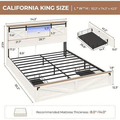 Farmhouse Metal Bed Frame with LED Lights & Charging Station, Queen Size Platform Bed with Storage Shelves & 2 Drawers, Walnut White