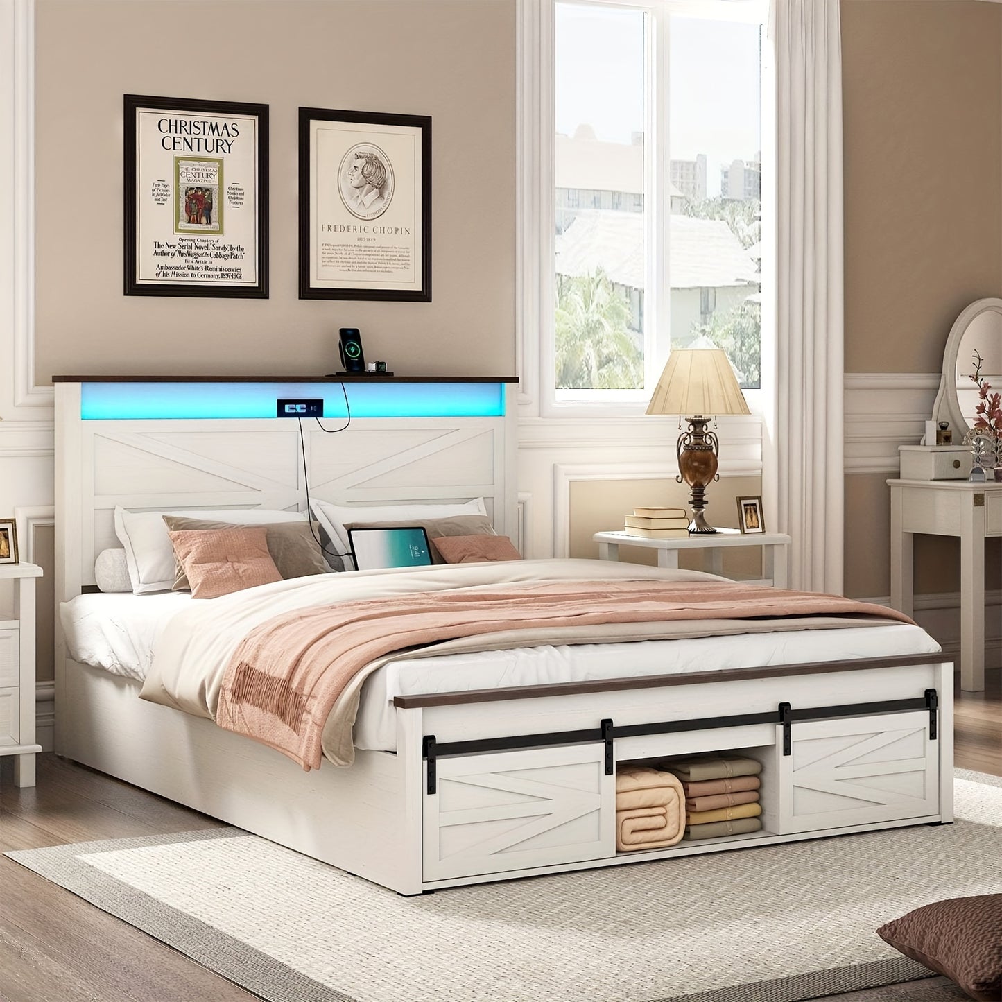 Farmhouse Queen Bed Frame - LED Lights & Charging Station