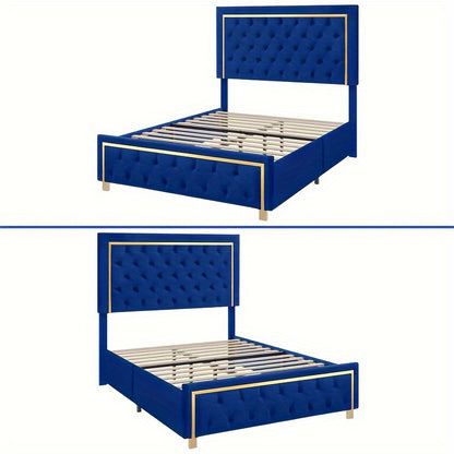 IndustraGear Queen Size Bed Frame with 51. 52Inch Tall Button Tufted Headboard, Velvet Upholstered Platform Bed Frame with Golden Trim, Modern Bed Frame/ No Box Spring Required/ Blue