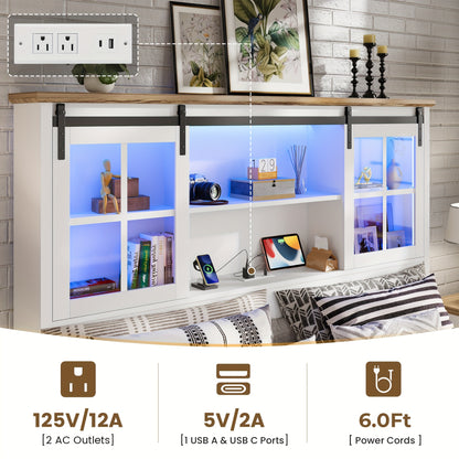 Farmhouse Queen Size Bed Frame with Bookcase Headboard Platform Bed Frames with LED Lights & Charging Station, Queen Storage Bed with Sliding Barn Door, Noiseless, White