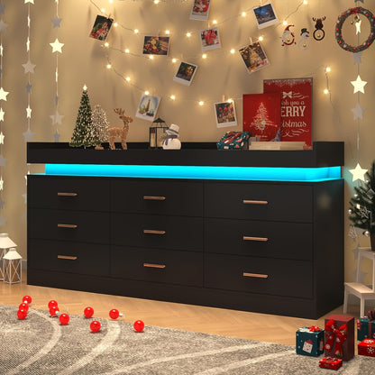 9 Drawer Dresser With LED Light, Modern Chest Of Drawers For Closet, Wide Drawer Organizer Cabinet For Bedroom, Living Room, Entryway, Hallway (9 Drawer White) Black