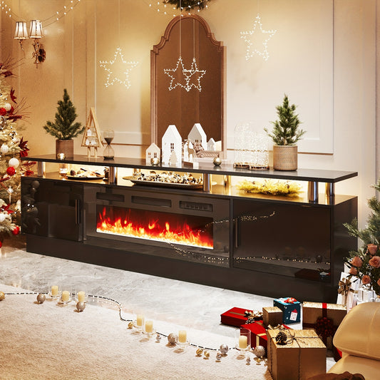 70"/80" Modern Electric Fireplace TV Stand For TVs Up To 80 Inch, With Electronic Flame And LED Lights, Luxury High Gloss Finish Entertainment Center For Living Room, Black