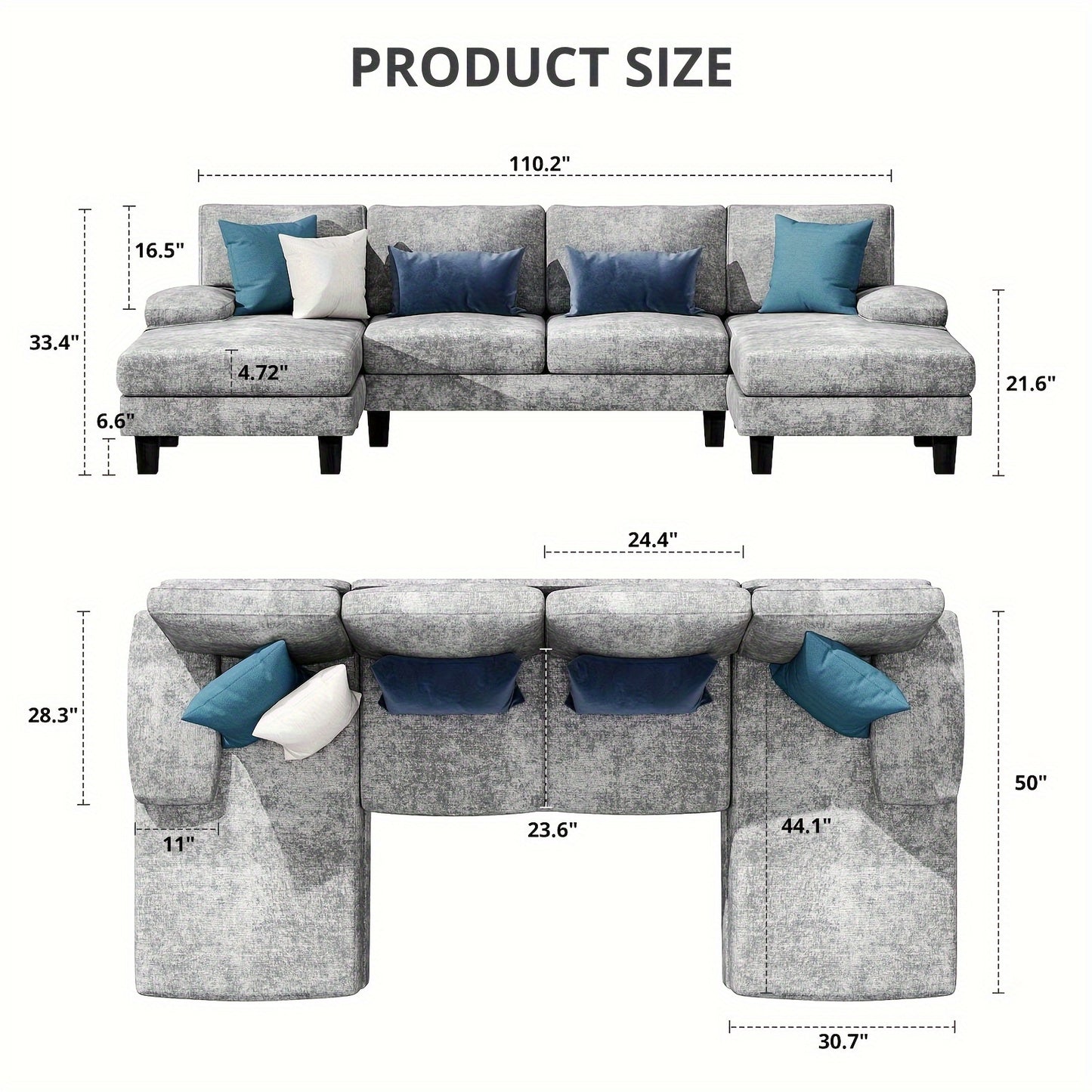 1pc Modern U-shaped Sectional Sofa, Chenille Fabric Modular Couch, 4-Seater Oversized Sofa With Chaise For Living Room, Classic Style, Multiple Materials, 110.2"x 50"x 28.3" Dimensions