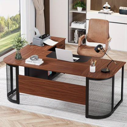 63-Inch Executive Desk - Large L-Shaped Desk with Drawer Cabinet & Storage Shelves - Corner Executive Office Desk - Business Furniture Set Workstation for Home Office - For Professionals & Entrepreneurs - Perfect for Home Off