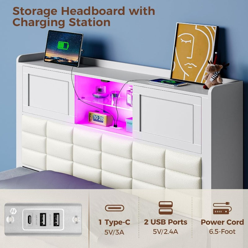 Greenstell Bed Frame Twin/Full/Queen Size with Charging Station, Bookcase Headboard Bed with LED Light and Sliding Doors, Platform Bed with Wooden Slats, No Box Spring Needed, Noise Free