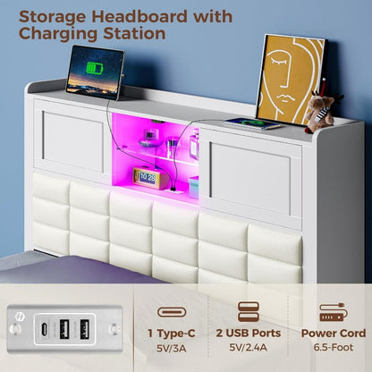 Greenstell Bed Frame Twin/Full/Queen Size with Charging Station, Bookcase Headboard Bed with LED Light and Sliding Doors, Platform Bed with Wooden Slats, No Box Spring Needed, Noise Free