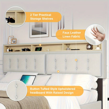 Queen/King Floating Bed Frame With LED Lights&USB Ports, Linen Queen/King Floating Platform Bed With Storage Headboard, No Box Spring Needed, Beige