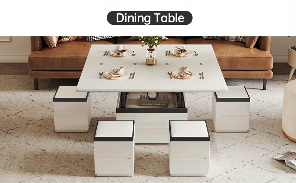 Extendable Coffee Table - 4 Storage Stools & Lift Top