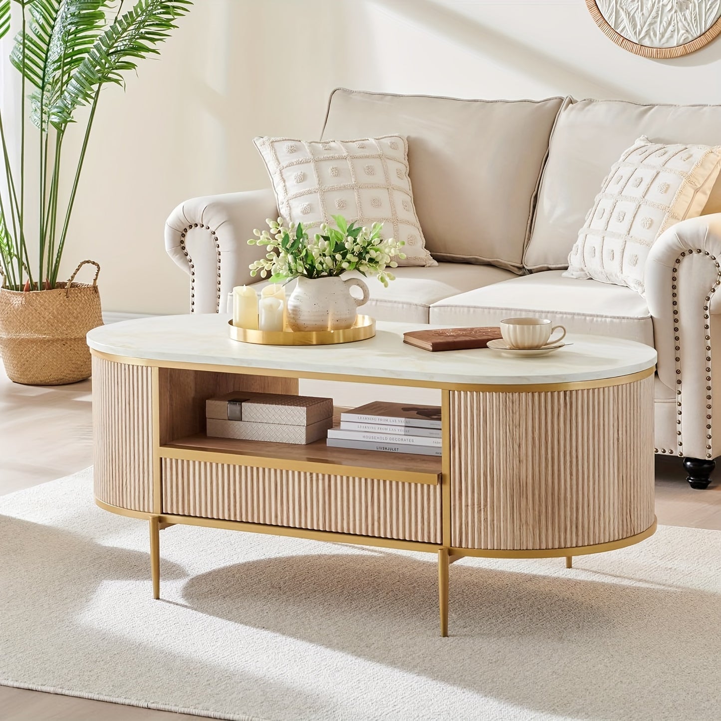 48" Oval Coffee Table - Faux Marble Top & Golden Accents