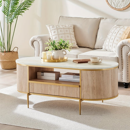 48" Oval Coffee Table - Faux Marble Top & Golden Accents