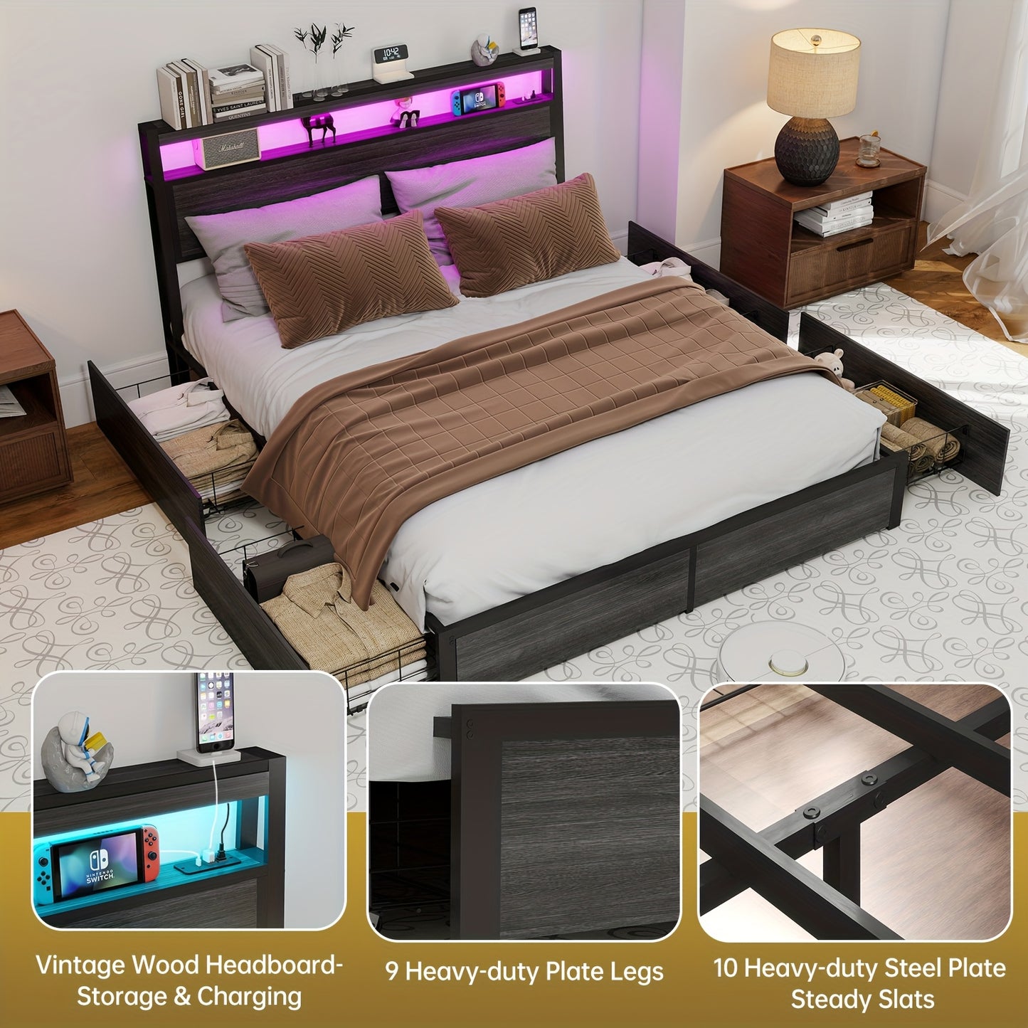 Bed Frame Available in Full, Queen, And King Sizes Featuring LED Lights And a Charging Station. This Metal Platform Bed Includes a Two-Tier Wooden Storage Headboard And Four Storage Drawers. It Operates Quietly, Does Not Requ
