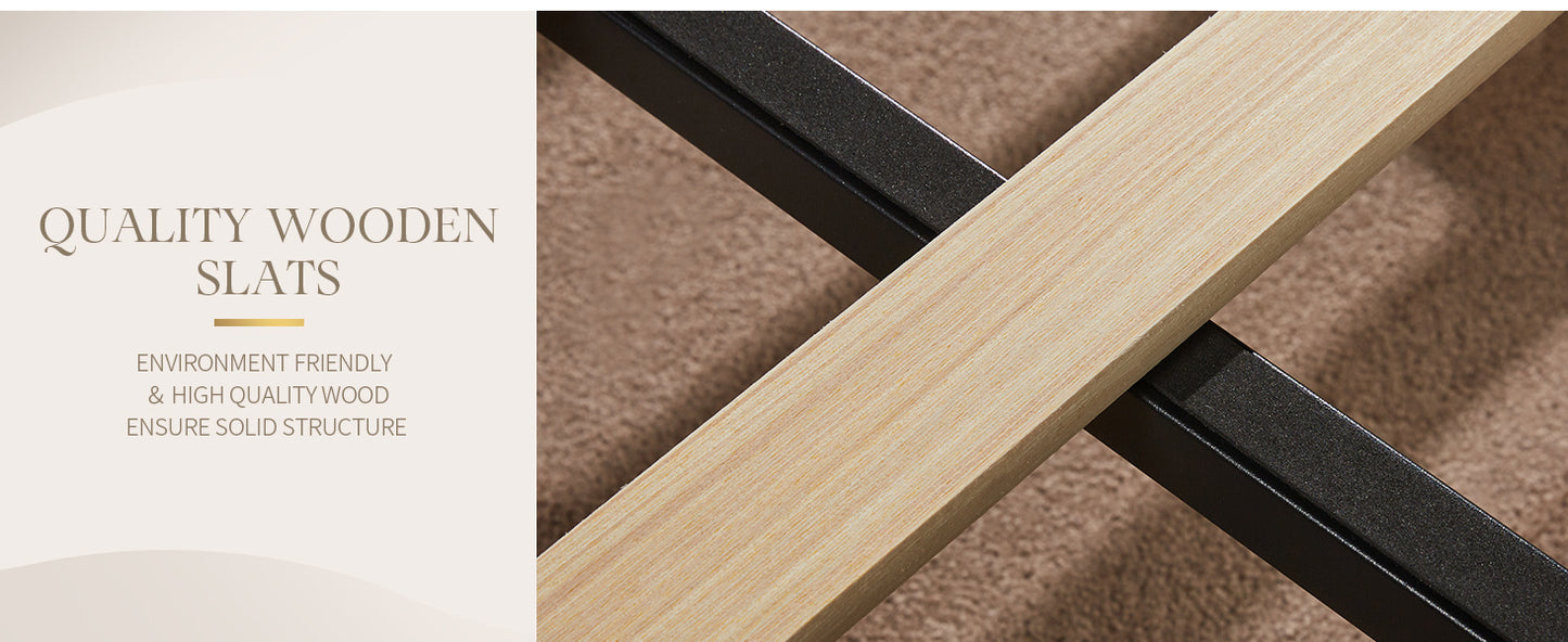 Velvet Bed Frame, 61.4" High Headboard Platform Bed Velvet Upholstered with Gold Trim & Footboard, Black