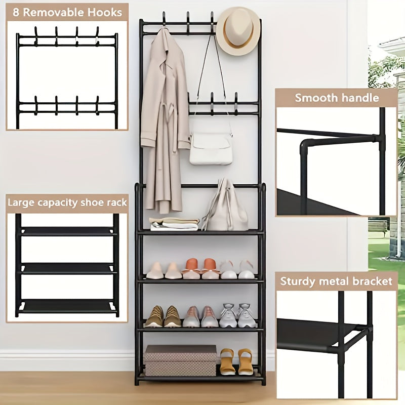 1pc 4/5 Layer 23in Carbon Steel Coat Rack, Multipurpose Coat Hanger And Shoe Shelf, Black/white, Self Assembly Required