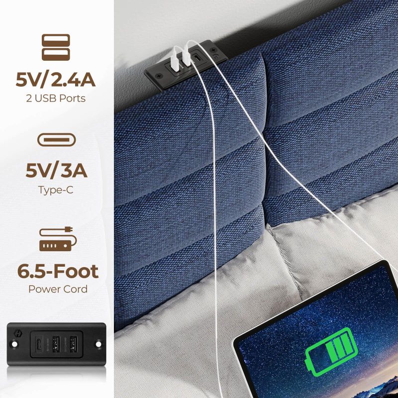 Twin/Full/Queen/King Size Platform Bed Frame with Fabric Upholstered Headboard and Wooden Slats Support, Leather Upholstered Headboard, and Built-in Charging Station, Upholstered Mattress Foundation/No Box Spring Needed/Easy