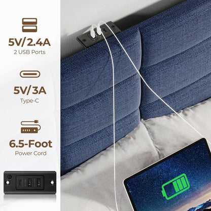 Twin/Full/Queen/King Size Platform Bed Frame with Fabric Upholstered Headboard and Wooden Slats Support, Leather Upholstered Headboard, and Built-in Charging Station, Upholstered Mattress Foundation/No Box Spring Needed/Easy