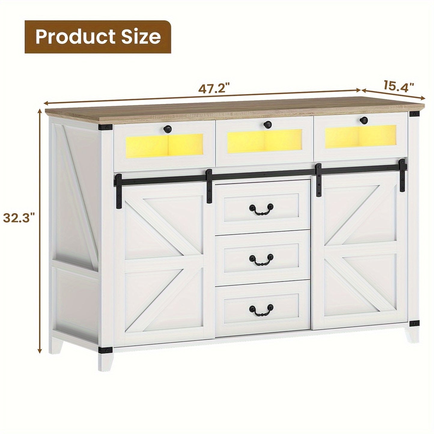 Farmhouse Dresser with LED Lights & Glass Drawers, Chest of Drawers with Sliding Barn Doors for Living Room Bedroom Entryway, White