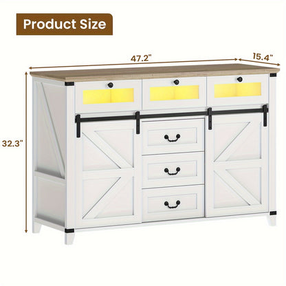 Farmhouse Dresser with LED Lights & Glass Drawers, Chest of Drawers with Sliding Barn Doors for Living Room Bedroom Entryway, White