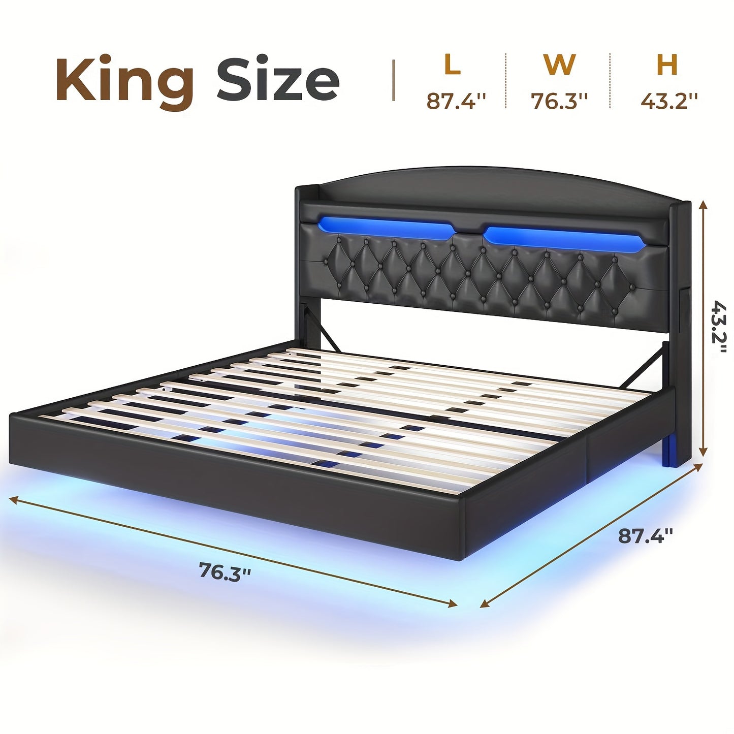 King Size Floating Bed Frame with LED Lights and Charging Station, Upholstered Leather Platform King Bed Frame with Hidden Storage Headboard, No Box Spring Needed, Black PU