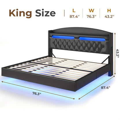 King Size Floating Bed Frame with LED Lights and Charging Station, Upholstered Leather Platform King Bed Frame with Hidden Storage Headboard, No Box Spring Needed, Black PU