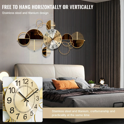 Metal Wall Clock Decorative 3D Metal Wall Art Clock For Living Room Bedroom Creative Modern Big Wall Clock Decor With Silent No-Ticking 34 X 17 Inch