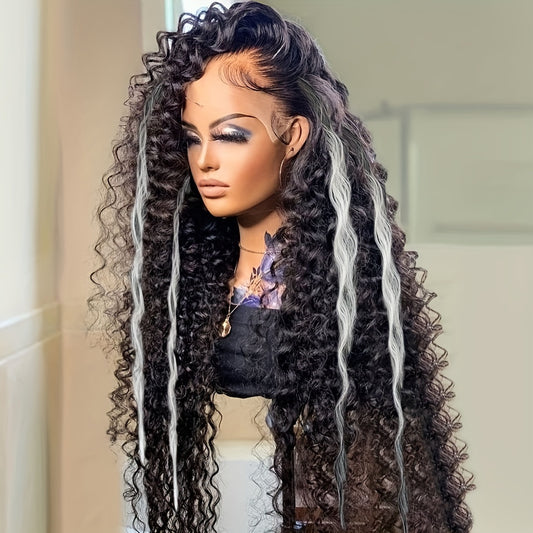 13*4 Lace Front Wigs White Highlights Lace Front Wig Long Deep Curly Wig Glueless Synthetic Heat Resistant Fiber Colored Lace Wig With Baby Hair Black and Grey Highlight Colorful Loose Curly Wigs for Women 26 Inch