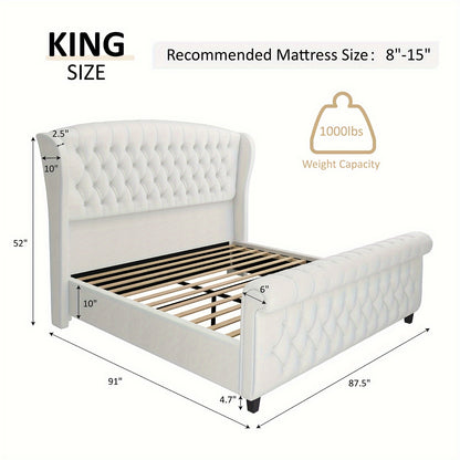 Platform Bed Frame, Chenille Upholstered Sleigh Bed with Scroll Wingback Headboard & Footboard/Button Tufted/No Box Spring Required/