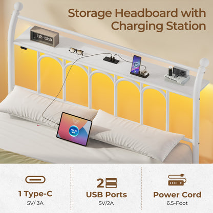 Classic Metal Platform Bed Frame with Victorian Style Iron-Art Headboard/Footboard/Under Bed Storage/No Box Spring Needed