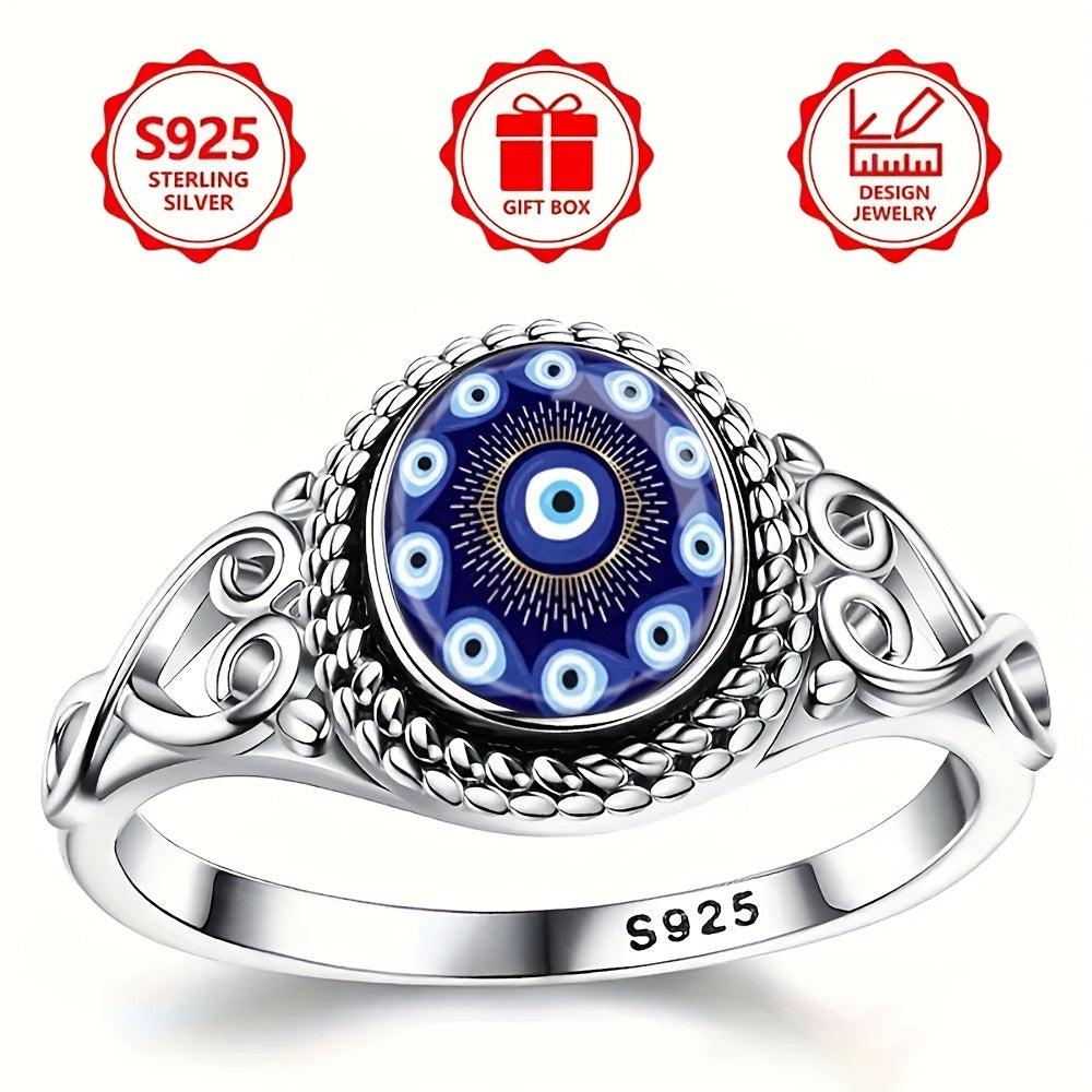 Bohemian Blue Eye Amulet Ring - 925 Silvery-Tone Metal Jewelry with Intricate Beadwork, Protection & Blessing Design for Engagement, Wedding, For Teenager