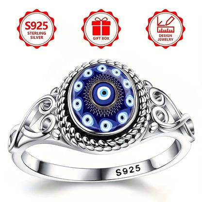 Bohemian Blue Eye Amulet Ring - 925 Silvery-Tone Metal Jewelry with Intricate Beadwork, Protection & Blessing Design for Engagement, Wedding, For Teenager