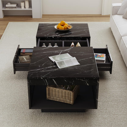 LED Coffee Table, 43" UV High Gloss Modern Center Table With 2 Drawers & Hidden Storage Compartment & Open Compartments, Modern Extendable Cocktail Table (Marble Black Or White)