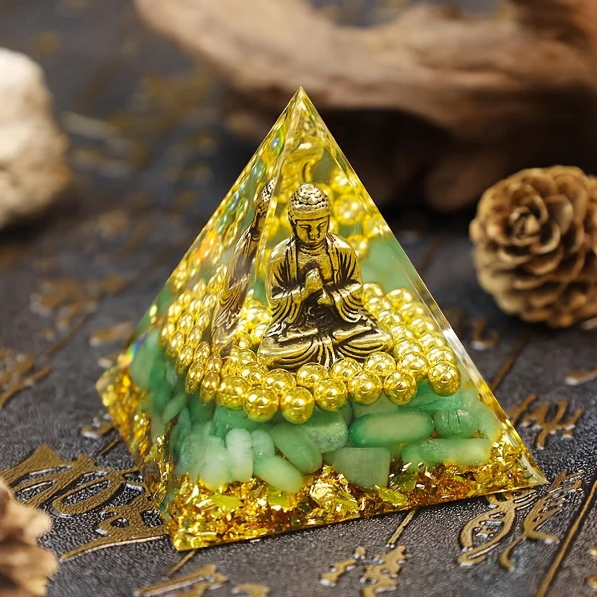 "Serenity Enhancer" 1pc Golden Beaded Buddha Orgone Pyramid With Natural Crystal Chips - Amethyst Energy Generator For Positive Vibes, Home & Yoga Decor