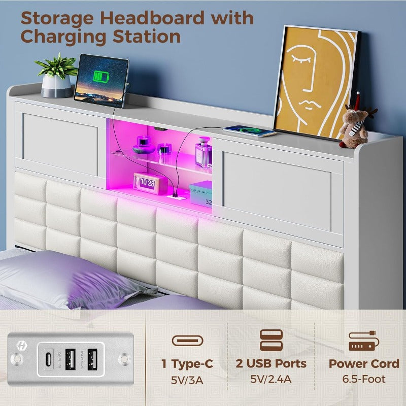 Greenstell Bed Frame Twin/Full/Queen Size with Charging Station, Bookcase Headboard Bed with LED Light and Sliding Doors, Platform Bed with Wooden Slats, No Box Spring Needed, Noise Free