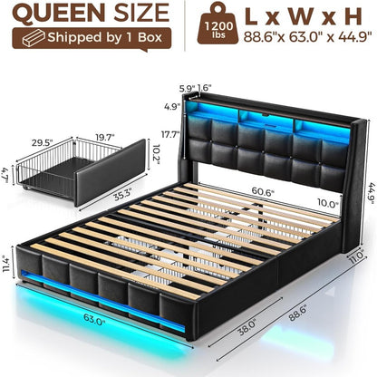Twin Full Queen Bed Frame with LED Lighting, Built-in Charging Station, have RemotePU Leather/neutral-toned linen fabric Storage Headboard & Drawers,Heavy Duty Wood Slats, Quick & Easy Assembly - Perfect for Bedroom Furniture