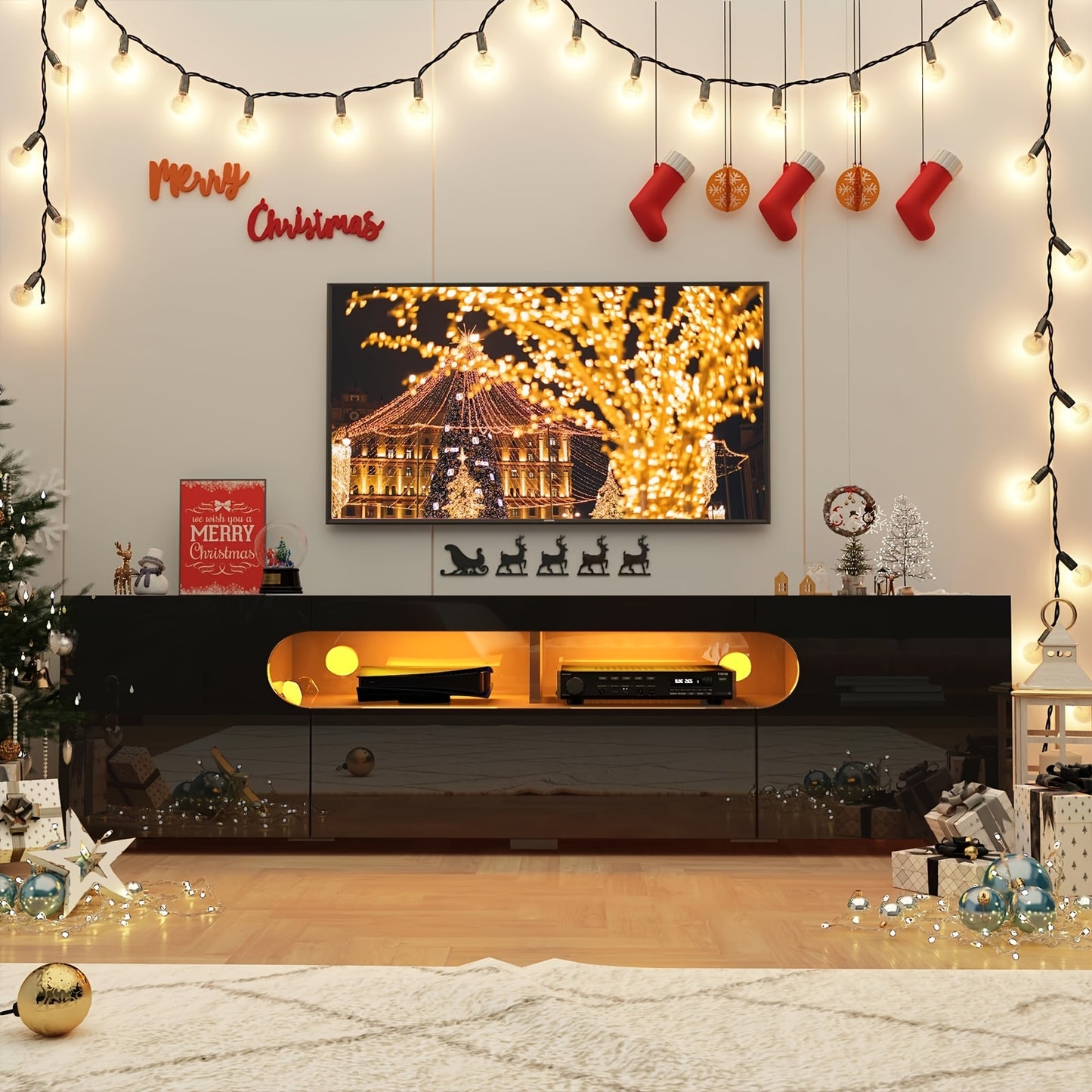 65IN LED TV Stand For 65/70/75inch TV, Modern Black TV Stand For Living Room, High Glossy TV Entertainment Center With Large Storage Drawer, APP RGB Light, TV Console, TV Cabinet (Black)