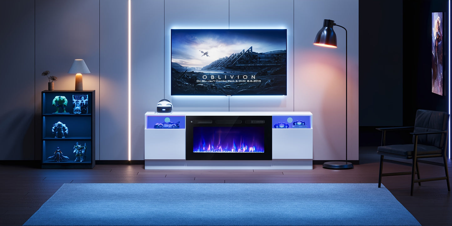 Fireplace TV Stand With 36" Electric Fireplace, Modern Electric Fireplace Entertainment Center With LED Lights For TVs Up To 80", 2 Tier TV Console Cabinet For Living Room, White