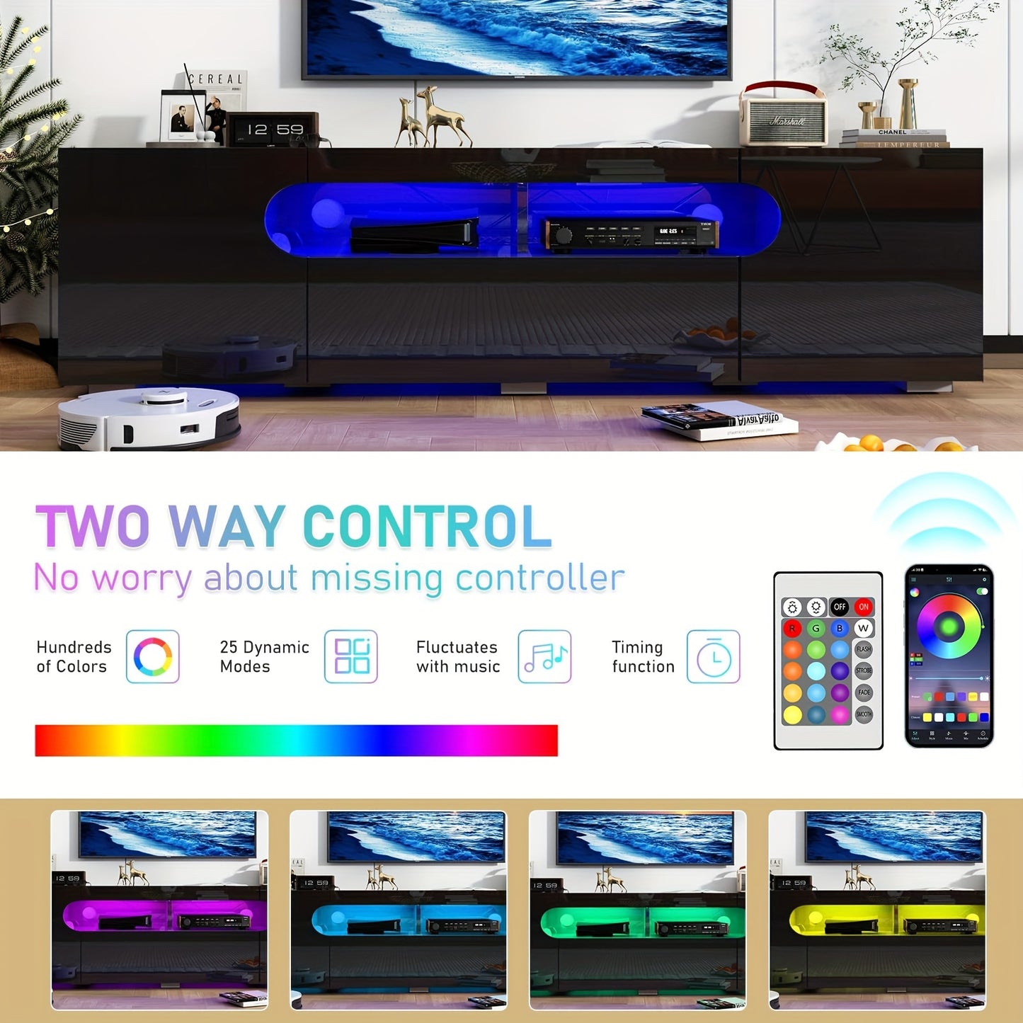 65IN LED TV Stand For 65/70/75inch TV, Modern Black TV Stand For Living Room, High Glossy TV Entertainment Center With Large Storage Drawer, APP RGB Light, TV Console, TV Cabinet (Black)