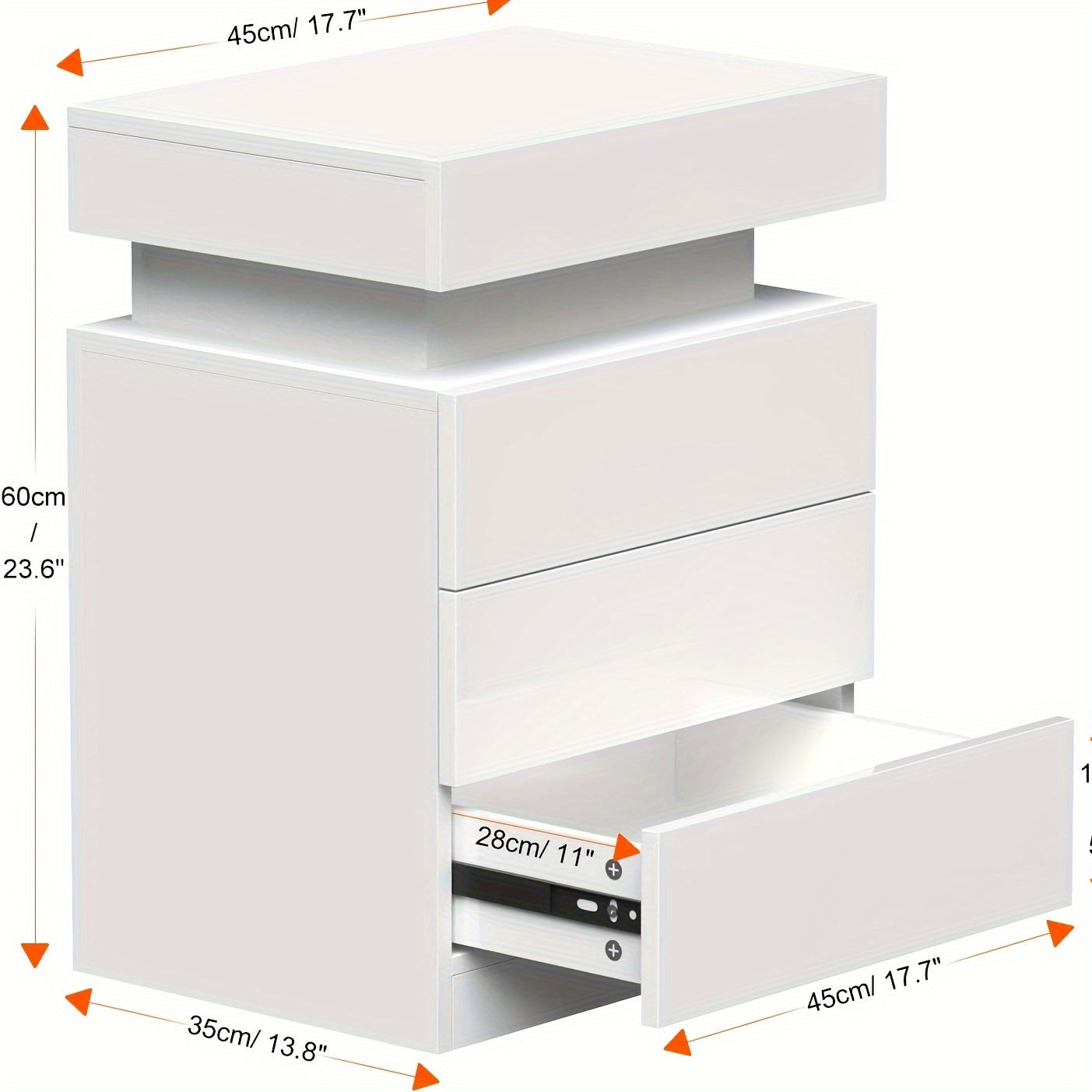 Nightstand with LED Lights, 3 Drawers and 1 Flapping Top Storage Box, White Night Stand for Bedroom, Modern Tall Bedside Table with High Gloss Panel, Glacier White, Darknight Black