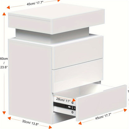 Nightstand with LED Lights, 3 Drawers and 1 Flapping Top Storage Box, White Night Stand for Bedroom, Modern Tall Bedside Table with High Gloss Panel, Glacier White, Darknight Black