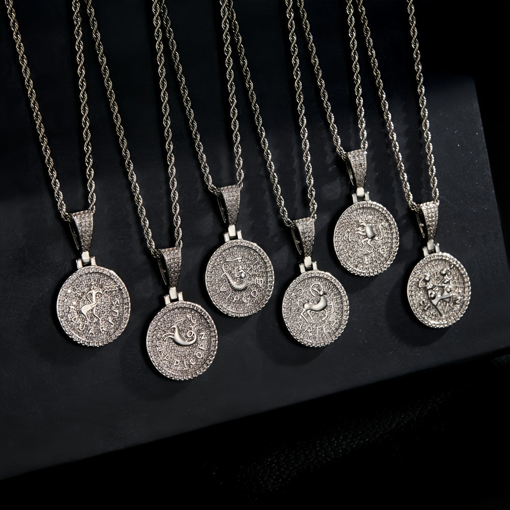 12 Zodiac Coins Necklace - 14K Gold Plated Golden Plated Hip-Hop Astrology Pendant with Synthetic Synthetic Zirconia Stones, 24in 304 Stainless Steel Chain, Unisex Jewelry Gift for Women & Men (Birthdays, Mother’s Day, Fath