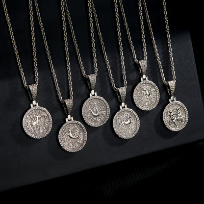12 Zodiac Coins Necklace - 14K Gold Plated Golden Plated Hip-Hop Astrology Pendant with Synthetic Synthetic Zirconia Stones, 24in 304 Stainless Steel Chain, Unisex Jewelry Gift for Women & Men (Birthdays, Mother’s Day, Fath