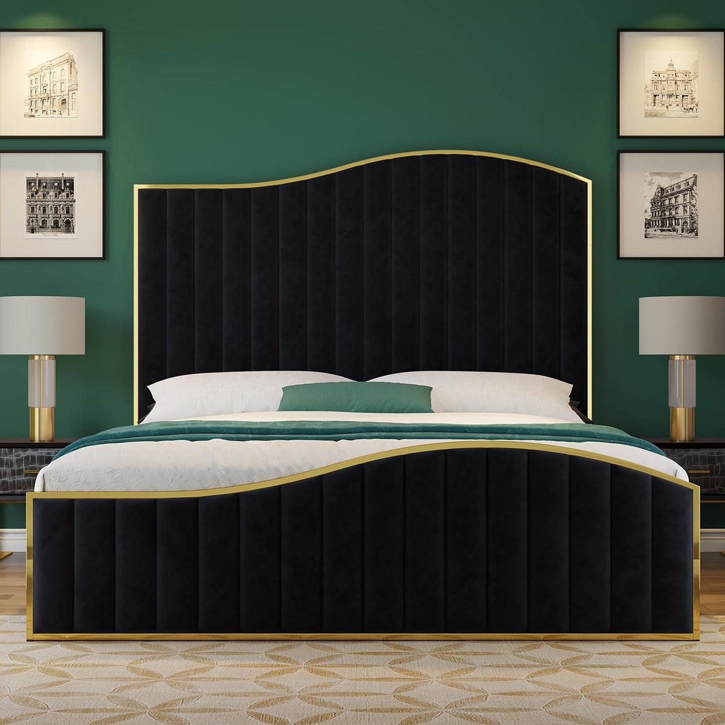 Velvet Bed Frame, 61.4" High Headboard Platform Bed Velvet Upholstered with Gold Trim & Footboard, Black