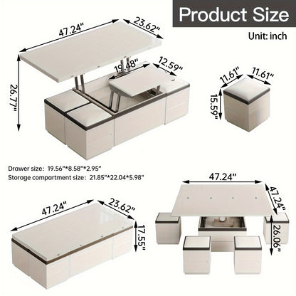 Extendable Coffee Table - 4 Storage Stools & Lift Top