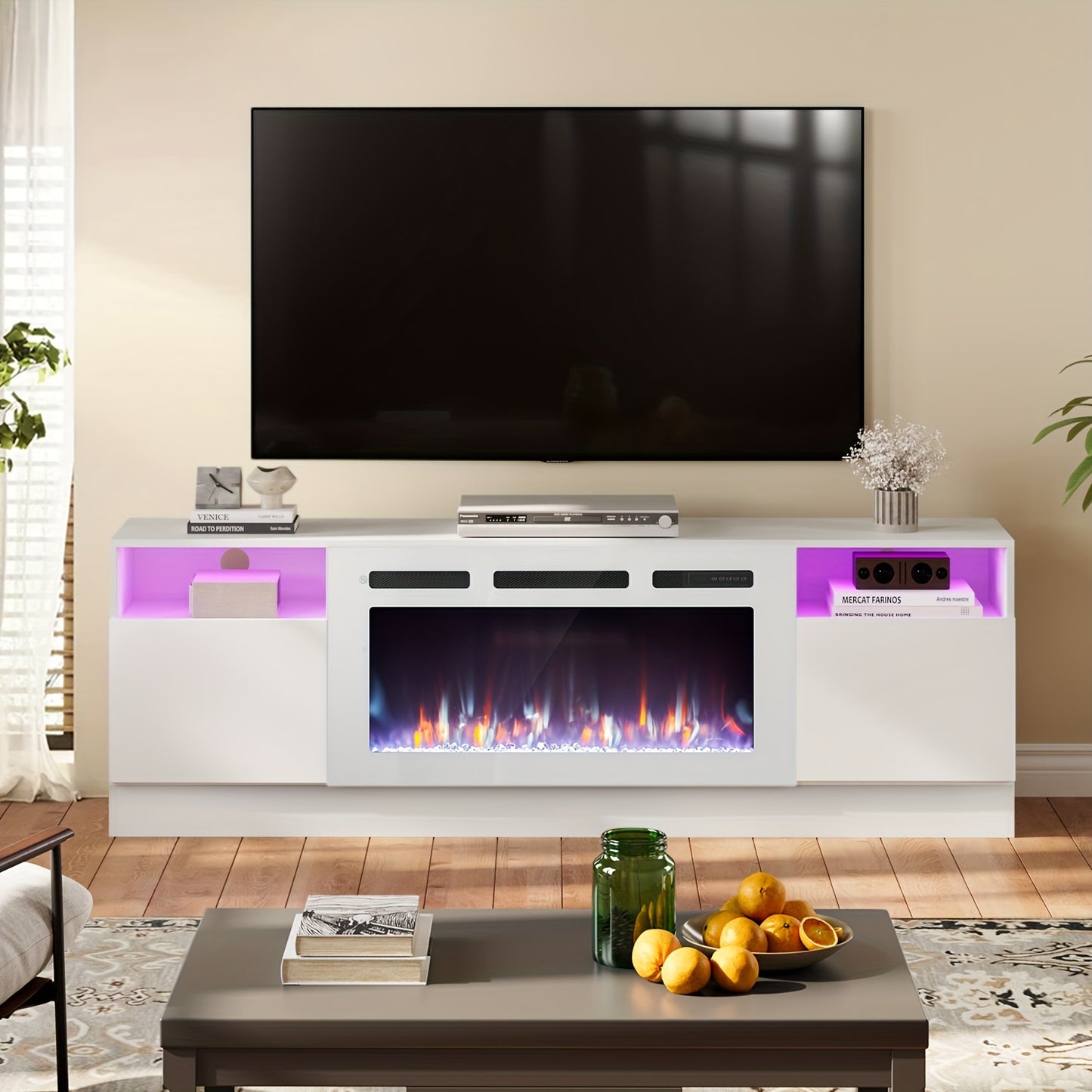 Fireplace TV Stand With 36" Electric Fireplace, Modern Electric Fireplace Entertainment Center With LED Lights For TVs Up To 80", 2 Tier TV Console Cabinet For Living Room, White