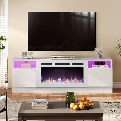 Fireplace TV Stand With 36" Electric Fireplace, Modern Electric Fireplace Entertainment Center With LED Lights For TVs Up To 80", 2 Tier TV Console Cabinet For Living Room, White