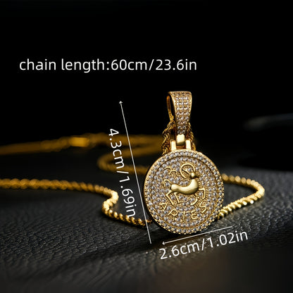 12 Zodiac Coins Necklace - 14K Gold Plated Golden Plated Hip-Hop Astrology Pendant with Synthetic Synthetic Zirconia Stones, 24in 304 Stainless Steel Chain, Unisex Jewelry Gift for Women & Men (Birthdays, Mother’s Day, Fath