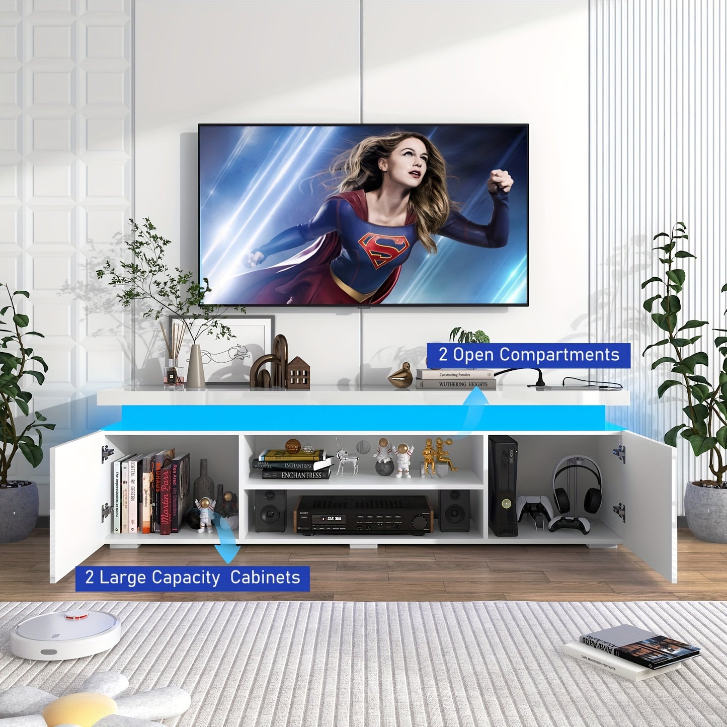 LED TV Stand For 85 Inch TV, Modern Gaming TV Stand With Power Outlet, High Gloss TV Console Entertainment Center With Storage And LED Lights For Living Room, Bedroom