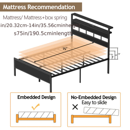 Queen Size Platform Bed Frame with RGB LED Lights, USB Charging Station & Storage Headboard, Modern Smart Bed with Under Bed Storage, Noise-Free, Easy Assembly