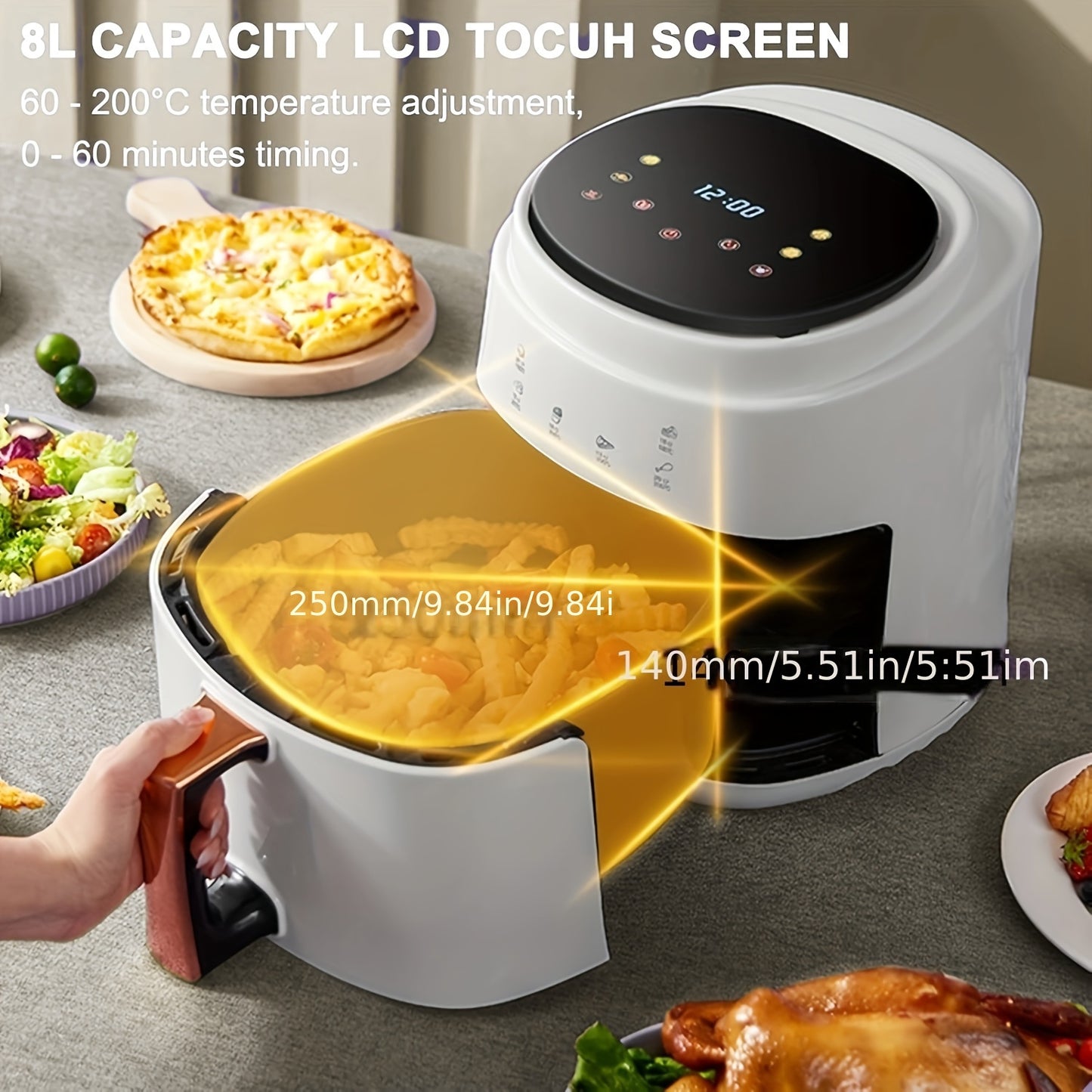 Air Fryer 8-in-1, Large 8-Quart Capacity, Touchscreen Display, Fast Turbo Modes, 90-450°C Evenly Results with Precise Temperature Control, 97% Less Oil, Nonstick & Dishwasher-Safe Basket