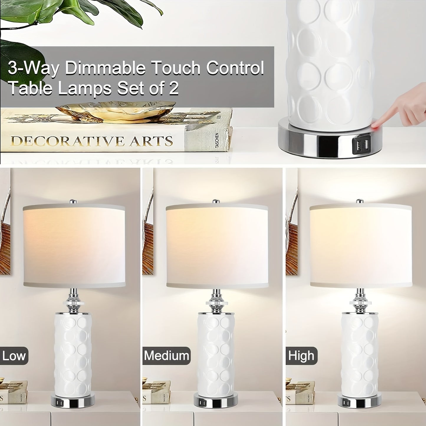 QiMH Modern Ceramic Tall Table Lamp for Bedroom, Living Room, Set of 2, 3-Direction Dimmable Touch Control Bedside Lamp with Dual USB Ports for Nightstand, 27'' White